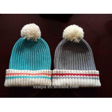 Ladies colorful stripe knitted beanie with fake fur pom